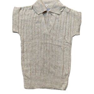 Vintage 1940s-1950s Oatmeal Beige Collared V-Neck Cap Sleeve Ribbed Sweater Top